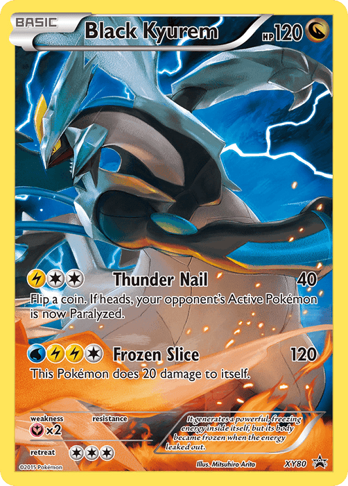 A Pokémon card featuring Black Kyurem (XY80) (Full Art Promo) [XY: Black Star Promos] with 120 HP from the Black Star Promos series. The card background shows Black Kyurem surrounded by icy lightning. It has two attacks: Thunder Nail (40 damage, may paralyze opponent) and Frozen Slice (120 damage, 20 recoil). Weakness: Fairy. Resistance: None. Retreat: Three energy.