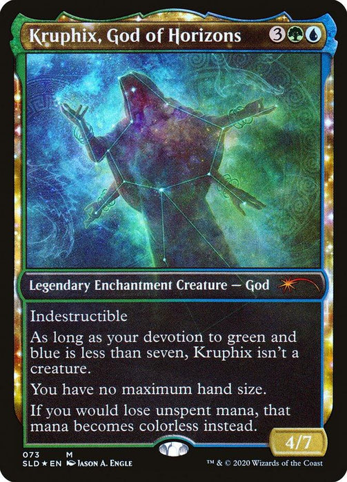 A Magic: The Gathering "Kruphix, God of Horizons [Secret Lair Drop Series]" card. This mythic card shows an ethereal, cosmic figure with outstretched arms, enveloped in stars and glowing light. The multicolored border highlights its Legendary Enchantment Creature status and artwork credit.