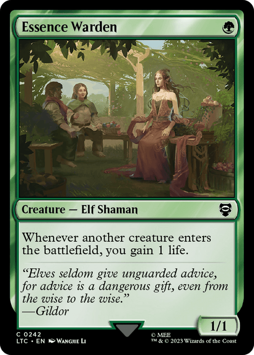 The image is of the Magic: The Gathering card "Essence Warden [The Lord of the Rings: Tales of Middle-Earth Commander]." It features a vibrant, forest setting with an Elf Shaman in the foreground, clad in a flowing green dress, sitting on a wooden bench adorned with flowers. The bottom half of the card details the card's properties and abilities.