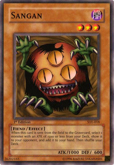 An illustration of the Yu-Gi-Oh! card "Sangan [SYE-018] Common," an Effect Monster from the Starter Deck: Yugi Evolution. This Common Rarity card features a brown, round creature with six limbs, three eyes, and sharp fangs. It has creepy, thin, dark green arms and purple claws. The card text describes its fiend/effect abilities and has 1000 ATK.