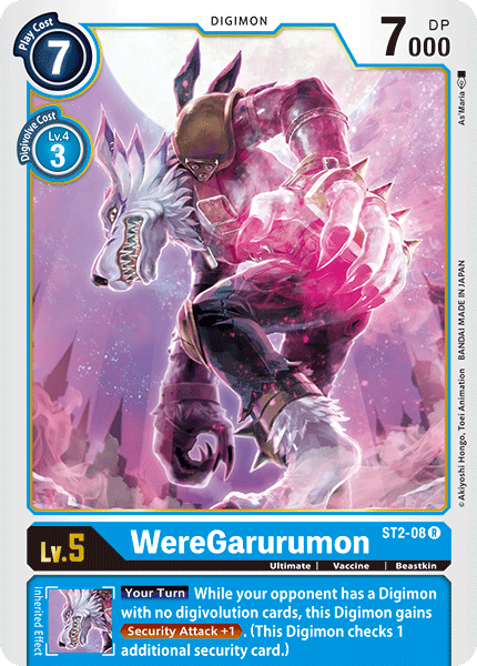 The WereGarurumon [ST2-08] card from the Digimon Starter Deck: Cocytus Blue features a powerful, muscular, bipedal wolf-like creature with blue fur and armor, emitting a pink aura from its claws. It has a play cost of 7, digivolve cost of 3, and offers 7000 DP. The card's text highlights its formidable Security Attack ability.