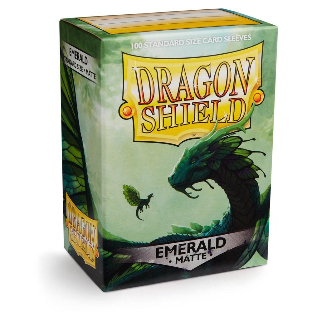 Box of Arcane Tinmen's Dragon Shield: Standard 100ct Sleeves - Emerald (Matte), featuring a fantasy-style green dragon with detailed scales and wings, and a small winged creature.