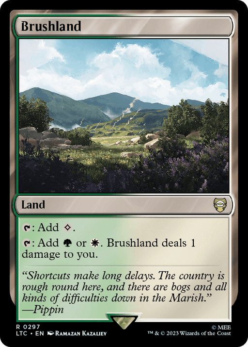 The "Brushland [The Lord of the Rings: Tales of Middle-Earth Commander]" Magic: The Gathering card brings to mind the peaceful terrains of Middle-Earth, with vibrant green hills and a winding path beneath a radiant sky. The card reads, "Brushland. Land. Tap: Add colorless mana. Tap: Add green or white mana. Brushland deals 1 damage to you." At the bottom, there is a quote from Pippin.