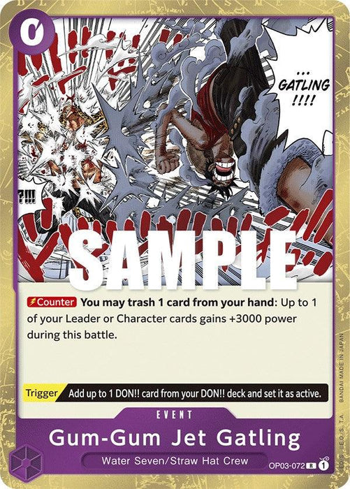 A rare card from the One Piece trading card game titled "Gum-Gum Jet Gatling [Pillars of Strength]" by Bandai shows Luffy rapidly punching an opponent, creating a burst effect. With a purple border and text detailing the card's abilities and trigger effects, it also features a sample watermark across the middle.