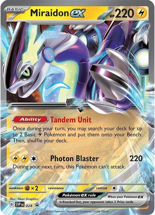 A Promo Pokémon card featuring Miraidon ex (028) [Scarlet & Violet: Black Star Promos] with HP 220. The card, part of the Scarlet & Violet: Black Star Promos series, is primarily yellow and showcases an illustration of a robotic eel-like Pokémon with violet and blue hues, yellow accents, and lightning surrounding it. The abilities highlighted are "Tandem Unit" and "Photon Blaster.