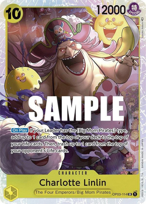 A Charlotte Linlin [Pillars of Strength] trading card by Bandai featuring Charlotte Linlin from the Big Mom Pirates boasts vibrant artwork. She stands amidst swirling, dark purple smoke, laughing heartily while holding a lollipop and giant fork. The card has a 10 cost and 12000 power with the ability to add or discard life cards. The text "SAMPLE" is overlaid.