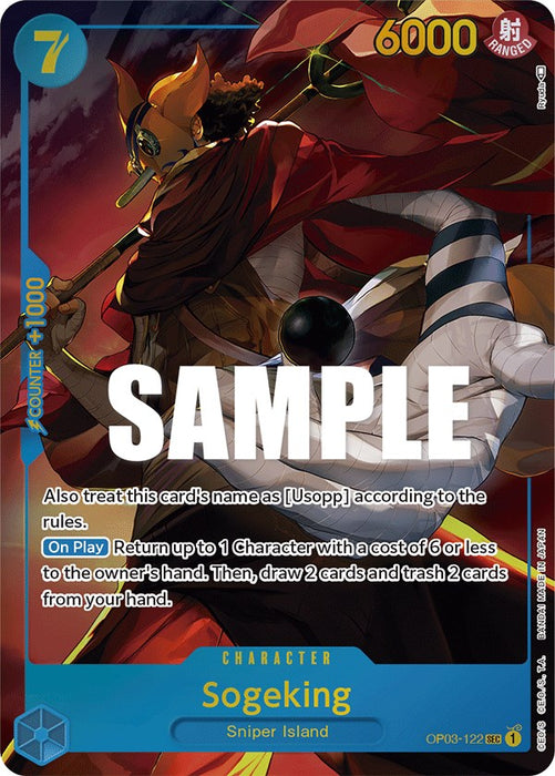 A trading card titled "Sogeking (Alternate Art) [Pillars of Strength]" with a sample watermark. The card art features Usopp in colorful attire, wearing a mask and a cape. This character card details stats: "Cost 7," "6000 Power," and attributes, with game actions described in a blue box. Set number: OP03-122 SR. Brand: Bandai.