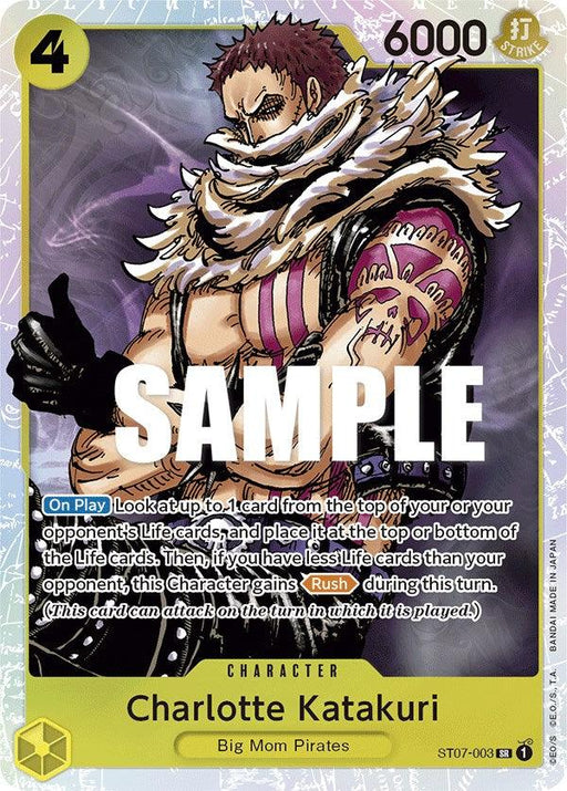 A trading card labeled "Charlotte Katakuri [Starter Deck: Big Mom Pirates]" featuring the Super Rare character Charlotte Katakuri. Sporting spiky hair, a fur-trimmed scarf, and a sleeveless shirt that reveals his tattooed arm, he boasts a power level of 6000 with attributes like "On Play" and "Rush." The text "SAMPLE" is overlaid on the character. This card is by Bandai.
