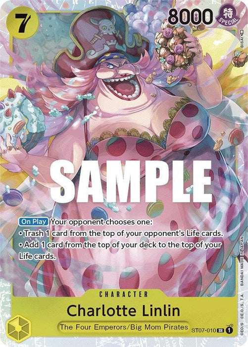 A Bandai Charlotte Linlin [Starter Deck: Big Mom Pirates] trading card featuring the character Charlotte Linlin from the One Piece series. She is depicted laughing confidently, wearing a pink polka-dot hat and dress. The card has a yellow border with "SAMPLE" imprinted across the center and her stats, including cost, power, and abilities at the top and bottom.