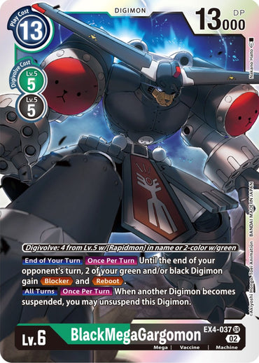 The image is a trading card featuring BlackMegaGargomon [EX4-037] from the Digimon brand's Alternative Being Booster series. This mechanical Digimon, equipped with large cannons on its arms, is categorized as a Super Rare card and includes Digivolution requirements, attack points, and abilities presented in red and white text boxes. It is labeled as Lv. 6 with an impressive attack power of 13,000 DP.