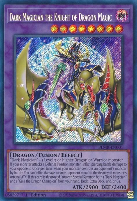 A Yu-Gi-Oh! trading card titled "Dark Magician the Knight of Dragon Magic [BLMR-EN001] Secret Rare." The Secret Rare card shows an armored dragon knight wielding a sword, with dark, magical energy swirling around. It has 2900 attack points and 2400 defense points. Featured in Battles of Legend: Monstrous Revenge, it boasts a holographic glittery appearance.