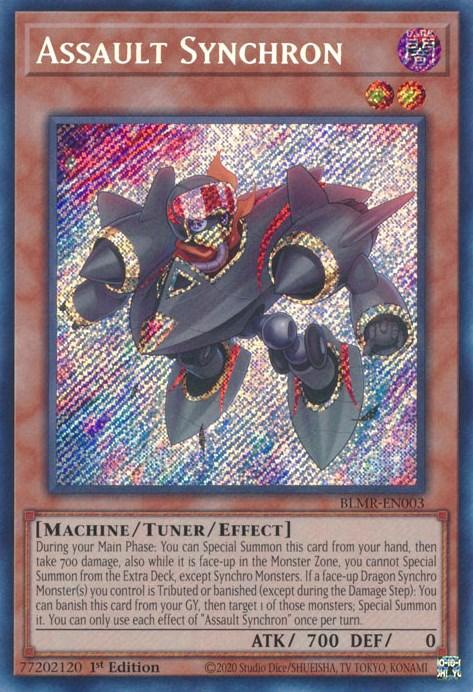 A Secret Rare "Yu-Gi-Oh!" trading card titled Assault Synchron [BLMR-EN003] Secret Rare. The card features artwork of a robotic, black and red warrior, with glowing yellow accents, riding a similarly armored, black and red mechanical steed. Part of the Battles of Legend series, its text details special summoning abilities and effects.