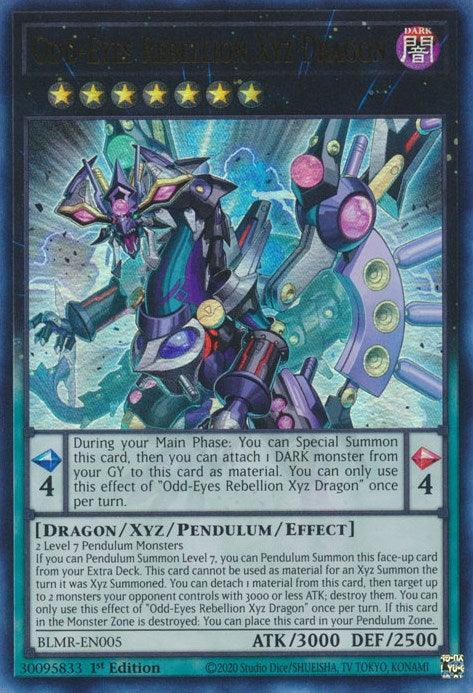 A Yu-Gi-Oh! trading card from the Battles of Legend series featuring the Ultra Rare "Odd-Eyes Rebellion Xyz Dragon [BLMR-EN005] Ultra Rare." The card has a blue frame with text describing its attributes and effects. The artwork depicts a dark, mechanical dragon with purple and green highlights, yellow star icons, and various stats at the bottom.