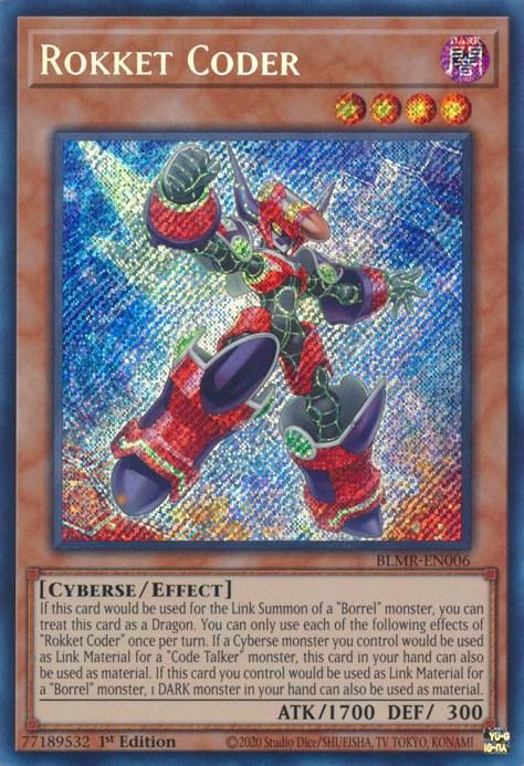 A Yu-Gi-Oh! card titled Rokket Coder [BLMR-EN006] Secret Rare, featuring a red and green robotic humanoid with rocket-like appendages, strikes a dynamic pose against a glittering holographic background. As part of the Code Talker monsters, it boasts 1700 ATK and 300 DEF. It's a 1st Edition Cyberse/Effect type card.