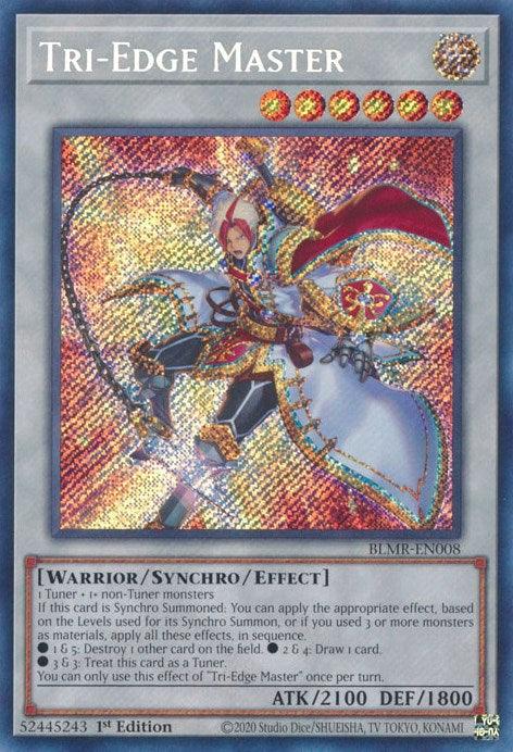 A Yu-Gi-Oh! card titled "Tri-Edge Master [BLMR-EN008] Secret Rare." This Secret Rare Synchro/Effect Monster features an armored warrior with a long red scarf, wielding a trident. The warrior is surrounded by sparkling holographic effects. The card's attributes include ATK 2100, DEF 1800, and detailed effect descriptions in the text box below the image.