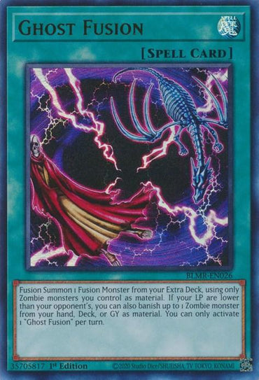 The Yu-Gi-Oh! card "Ghost Fusion [BLMR-EN026] Ultra Rare," included in Battles of Legend, displays a blue skeletal dragon emerging from swirling purple, red, and pink energy. This Spell Card allows for fusion summons with Zombie monsters under certain conditions for a truly Monstrous Revenge.