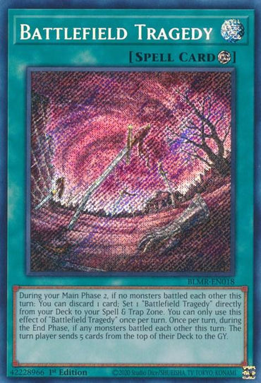 The Yu-Gi-Oh! Secret Rare "Battlefield Tragedy [BLMR-EN018]" is a Continuous Spell card depicting a tumultuous battlefield enveloped in a swirling vortex, creating an eerie atmosphere. Its effect enables players to discard a card, set another from the deck, and send cards to the GY amidst the debris and chaos.