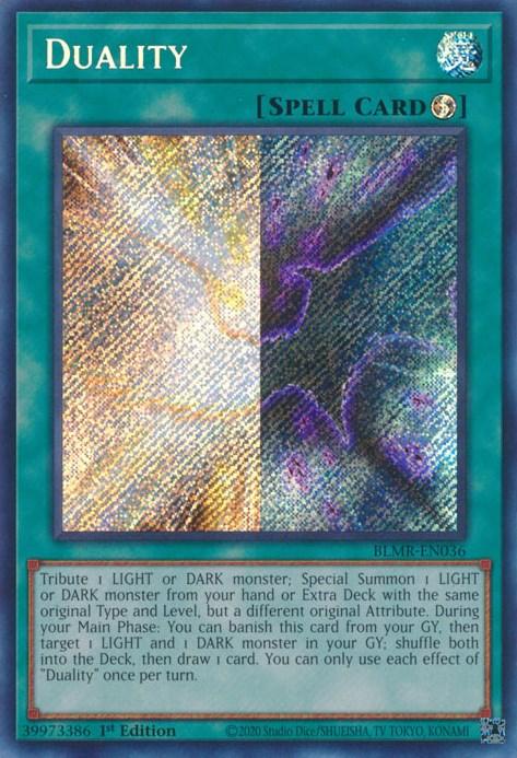 A holographic Yu-Gi-Oh! card titled "Duality [BLMR-EN036] Secret Rare" with text describing its spell effect and usage. The Secret Rare card has a green border with a blue holographic background featuring shimmering lights. Showcasing artwork with contrasting light and dark elements blending together, this Quick-Play Spell is part of the Battles of Legend: Monstrous Revenge series.