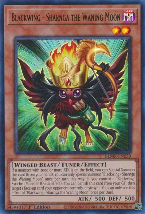 A Yu-Gi-Oh! trading card featuring "Blackwing - Sharnga the Waning Moon [BLMR-EN039] Ultra Rare." This Ultra Rare Tuner/Effect Monster card depicts an anthropomorphic bird with dark feathers, wearing an ornate golden headdress with a crescent moon and holding a scepter. The card's stats are ATK 500 and DEF 500, with detailed effects described.