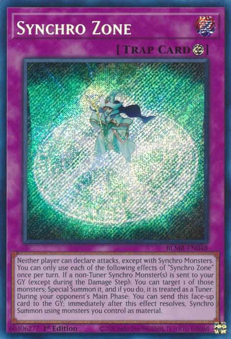 The image shows a Yu-Gi-Oh! Trap Card named "Synchro Zone [BLMR-EN048] Secret Rare," a Secret Rare card with a purple border, indicating it's a Continuous Trap. The illustration features a mystical, shadowy figure against a swirling, magical background. The card effect details its ability to influence attacks and control Synchro Monsters.