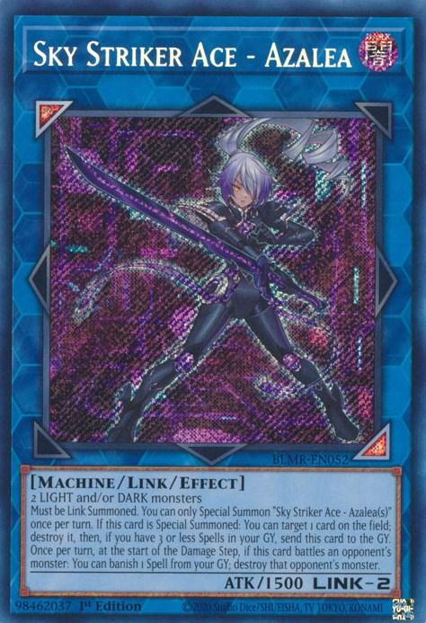 A Yu-Gi-Oh! trading card titled "Sky Striker Ace - Azalea [BLMR-EN052] Secret Rare," a Secret Rare Link/Effect Monster, features a character with white hair in dark, futuristic armor wielding a large sword. Surrounded by a purple energy aura, the card's details include attributes, effects, and stats.