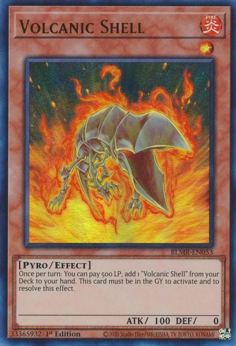 A trading card for the game Yu-Gi-Oh! featuring "Volcanic Shell [BLMR-EN053] Ultra Rare," an Effect Monster with a fire attribute. The monstrous creature depicted is a glowing skeleton engulfed in flames. The card's text describes a special ability. It's labeled 1st Edition with stats: ATK 100 and DEF 0, from the Battles of Legend series.