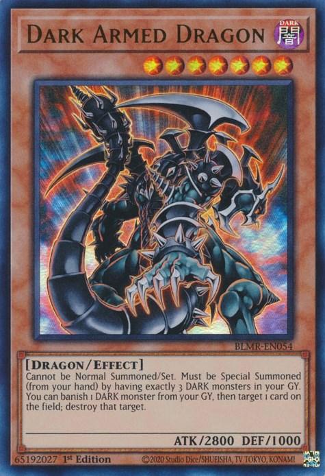 An image of the "Dark Armed Dragon [BLMR-EN054] Ultra Rare" Yu-Gi-Oh! card. The Ultra Rare card depicts a dark, menacing dragon with sharp claws and wings. The text describes its effect and Special Summoning requirement related to DARK monsters in the graveyard. It has 2800 ATK and 1000 DEF, labeled as a 1st edition.