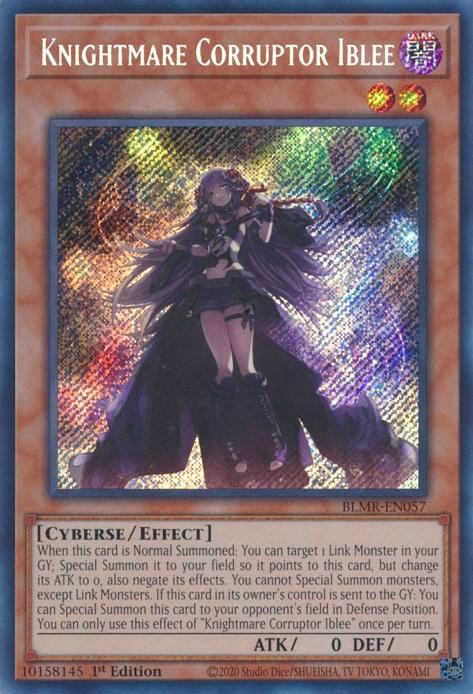 A Yu-Gi-Oh! trading card titled Knightmare Corruptor Iblee [BLMR-EN057] Secret Rare from the Battles of Legend series. This Secret Rare features a dark-clad female character with purple hair, surrounded by a shimmering, holographic background. The card details its Cyberse/Effect abilities and has 0 ATK and 0 DEF.