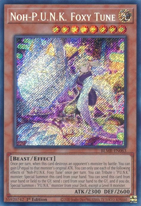 A Yu-Gi-Oh! trading card featuring the Secret Rare "Noh-P.U.N.K. Foxy Tune [BLMR-EN063]." This Effect Monster has a shimmering holographic design. The character depicted is a mystical fox holding a staff with an orb, dressed in ornate robes. Text at the bottom details its effect, with stats: ATK 2300 and DEF 2600.