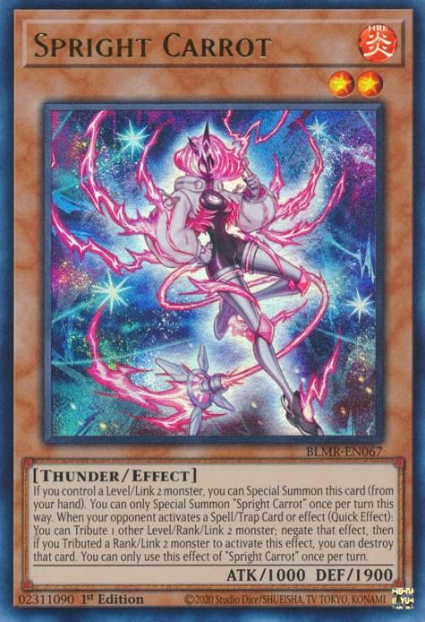 A Yu-Gi-Oh! trading card titled "Spright Carrot [BLMR-EN067] Ultra Rare" from the Battles of Legend series. This Ultra Rare card features a humanoid carrot figure in a purple and pink dress, wielding a magical staff with glowing ends. The backdrop is a vibrant, swirling cosmic scene. It has 1000 attack and 1900 defense, classified as a Thunder/Effect monster.