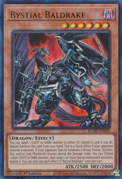 A Yu-Gi-Oh! trading card featuring "Bystial Baldrake [BLMR-EN069] Ultra Rare," an Ultra Rare dragon/effect monster. The card artwork showcases a dark, armored dragon with glowing blue accents and wings. Its stats are ATK 2500 and DEF 2000. The card text describes its special summoning and banishing effects, which target LIGHT or DARK monsters.