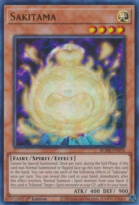 A Yu-Gi-Oh! trading card titled "Sakitama [BLMR-EN070] Ultra Rare" showcases a glowing, anthropomorphic light orb surrounded by yellow and white auras. This Ultra Rare Spirit Monster has an ATK of 400 and DEF of 900. The card number is 67972302, and it is labeled as 1st Edition.