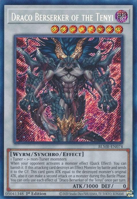 Image of a Yu-Gi-Oh! card titled "Draco Berserker of the Tenyi [BLMR-EN074] Secret Rare." This Yu-Gi-Oh! Synchro/Effect Monster features a fierce, dragon-like warrior with blue and black armor, red glowing eyes, and large horns. The card boasts 3000 ATK and 0 DEF, with text detailing its special abilities.