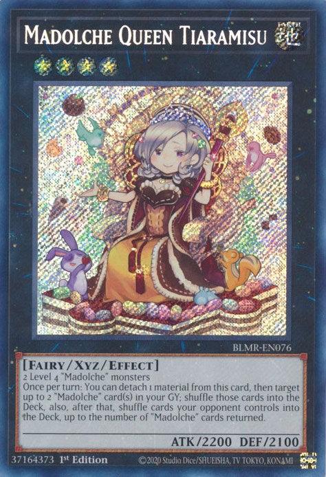 Image of a Yu-Gi-Oh! Xyz/Effect Monster trading card titled "Madolche Queen Tiaramisu [BLMR-EN076] Secret Rare." The card, from the *Battles of Legend: Monstrous Revenge* set, features an ornate illustration of the queen on a throne surrounded by colorful pastel sweets and creatures. She boasts 2200 attack points and 2100 defense points.