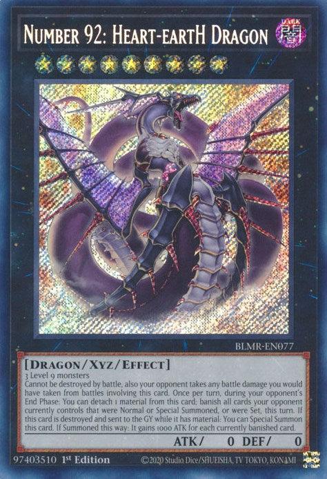 A trading card from the Battles of Legend series featuring "Number 92: Heart-eartH Dragon" with black and purple scales, multiple wings, and a menacing appearance. This Number 92: Heart-eartH Dragon [BLMR-EN077] Secret Rare Yu-Gi-Oh! Xyz/Effect Monster has its card text and stats (0 ATK/DEF) at the bottom, foil effects, and requires 3 level 9 monsters.