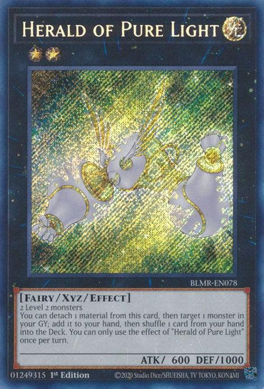 A Yu-Gi-Oh! trading card titled "Herald of Pure Light [BLMR-EN078] Secret Rare" from the Battles of Legend: Monstrous Revenge series features glowing, ethereal creatures swirling around a radiant orb. This Secret Rare Xyz/Effect Monster boasts attributes "FAIRY/XYZ/EFFECT" with "ATK / 600 DEF / 1000.