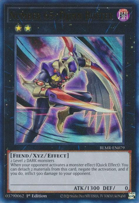 A Yu-Gi-Oh! trading card titled "Number 65: Djinn Buster [BLMR-EN079] Ultra Rare." This Ultra Rare Xyz/Effect Monster features an armored, bat-winged creature wielding dual-bladed weapons. It's a Rank 2, DARK Fiend with an Xyz effect from the Battles of Legend series. Stats include ATK 1300 and DEF 0. Card text details its