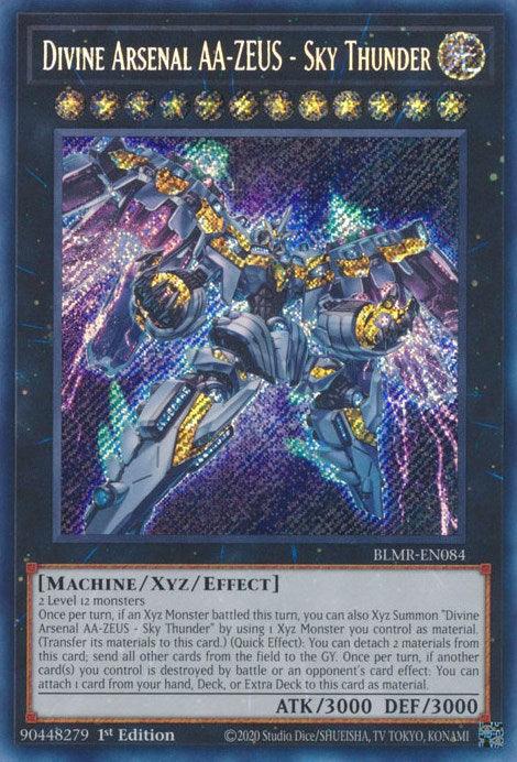 The image is of a Yu-Gi-Oh! Xyz/Effect Monster trading card named "Divine Arsenal AA-ZEUS - Sky Thunder [BLMR-EN084] Secret Rare" from the set Battles of Legend: Monstrous Revenge. The card showcases an elaborate, mechanical dragon in a vibrant, cosmic setting, with attributes like ATK: 3000 and DEF: 3000, along with a detailed description of