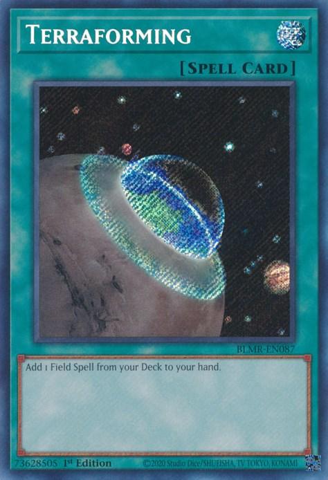 A Yu-Gi-Oh! trading card titled "Terraforming [BLMR-EN087] Secret Rare." The artwork depicts a glowing, orb-like Earth surrounded by a transparent sphere floating above a barren, cratered moon in space. This Secret Rare card belongs to the "Spell Card" category and has text at the bottom that reads: "Add 1 Field Spell from your Deck to your hand.