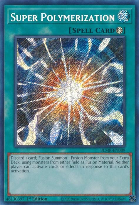 Yu-Gi-Oh! Quick-Play Spell Card titled "Super Polymerization [BLMR-EN089] Secret Rare." The card features a bright burst of light at the center, emitting rays of blue, white, and yellow. The background is a mix of dark and light blue with sparkling effects. The text details how to use the card for a powerful Fusion Summon in the game.
