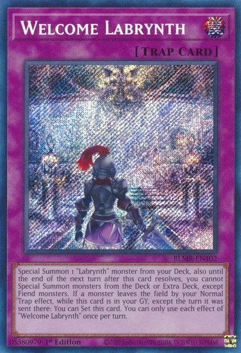 A Yu-Gi-Oh! trading card titled "Welcome Labrynth [BLMR-EN102] Secret Rare," featured as a Secret Rare in the Battles of Legend series, with a purple border and "Trap Card" in the upper right corner. The illustration depicts a knight standing in a dim, eerie hallway with gothic architecture. The card text explains summoning abilities and effects for "Labrynth" monsters.