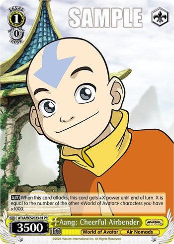 A trading promo card featuring Aang: Cheerful Airbender [Avatar: The Last Airbender] by Bushiroad. Aang is depicted with a smiling face, an arrow tattoo on his head, and dressed in yellow-orange apparel. Text at the bottom reads "Aang: Cheerful Airbender," and includes stats like 3500 power and abilities in detailed smaller text. The card background showcases an air temple from the World of Avatar: The Last Airbender.