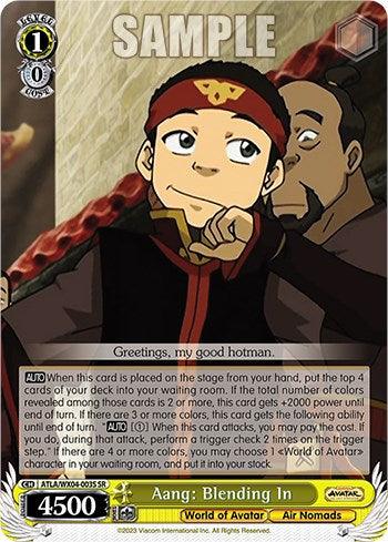 A Bushiroad trading card featuring Aang from "Avatar: The Last Airbender." Aang is seen grinning with his left arm raised and his right hand giving a thumbs up. He wears a red and yellow outfit typical of the Air Nomads. The card text includes game instructions and stats, and "Aang: Blending In [Avatar: The Last Airbender]" is the title.