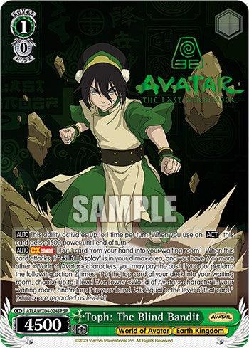 A Special Rare trading card featuring Toph: The Blind Bandit [Avatar: The Last Airbender] by Bushiroad. She is in a combat stance, wearing her green and yellow fighting outfit. The card includes various stats and descriptions about her abilities. An Earth Kingdom symbol adorns the background, with a 