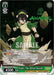 A Special Rare trading card featuring Toph: The Blind Bandit [Avatar: The Last Airbender] by Bushiroad. She is in a combat stance, wearing her green and yellow fighting outfit. The card includes various stats and descriptions about her abilities. An Earth Kingdom symbol adorns the background, with a "SAMPLE" watermark overlaid.