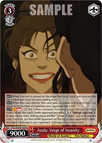 A Double Rare trading card featuring "Azula: Verge of Insanity [Avatar: The Last Airbender]" from Bushiroad. The card shows an animated girl with wide eyes, a manic expression, and a hand on her head, complete with stats, abilities, and text descriptions. "SAMPLE" is prominently displayed at the top.