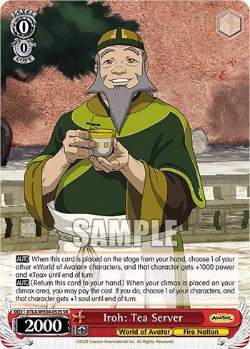 A Bushiroad Iroh: Tea Server [Avatar: The Last Airbender] trading card depicts an older man with tied-back grey hair and a beard, dressed in green and yellow robes, smiling while holding a tea cup and saucer. Text on the card provides character abilities and stats. The background features an outdoor setting with trees and a river. Text reads, 