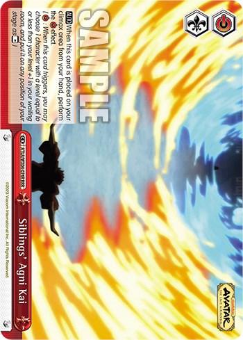 A brightly colored trading card with a dramatic scene of two characters silhouetted against a fiery background. Text on the card reads 