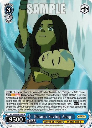 This is a Bushiroad "Katara: Saving Aang [Avatar: The Last Airbender]" super rare trading card featuring Katara holding Aang. With a determined expression and one arm raised, she embodies the essence of the Water Tribe. The card, named "Katara: Saving Aang," showcases various stats: Level 3, Power 9500. Perfect for any Avatar: The Last Airbender collection!