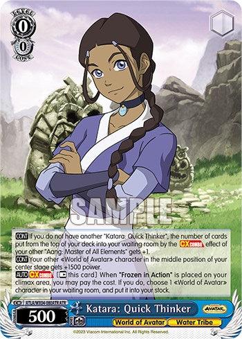 A trading card featuring Katara from "Avatar: The Last Airbender." Katara, illustrated with her hair in two braids and a Water Tribe outfit with a blue top and white scarf, is labeled "Katara: Quick Thinker [Avatar: The Last Airbender]." The card includes game stats and abilities against a serene backdrop of trees and grass. This card is produced by Bushiroad.